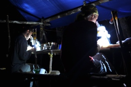 Henkel and Grupe pick ECM root tips of Pakaraimea dipterocarpaceae by candlelight on Christmas Eve at our Pegaimah Savannah bush research camp, December 2011